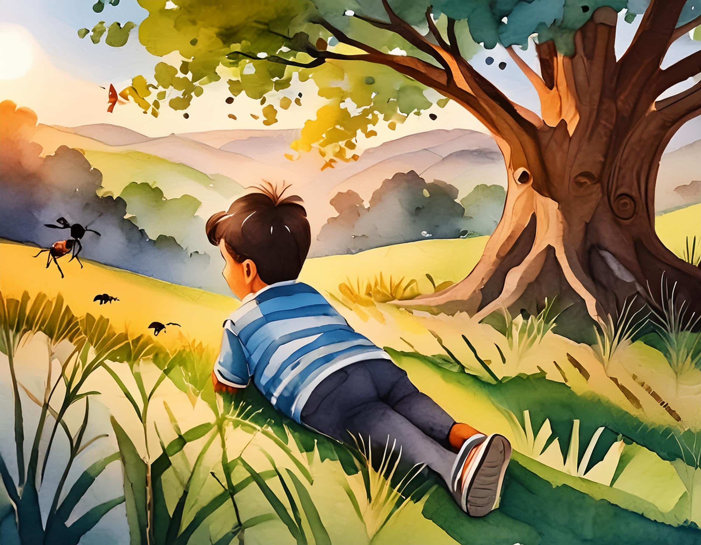 firefly young boy lying in the grass, he observes the ants in the shade of a majestic tree 85433